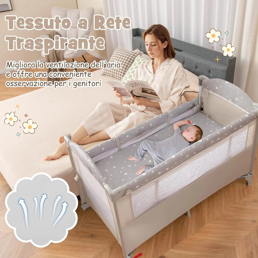 5 in 1 Lettino per Bambini con Materasso, Lettino Culla da Viaggio per Neonati, Culla Neonato con Fasciatoio, Box Portatile Pieghevole, con Ruote e Borsa, 125 x 65 x 119 cm (Beige)