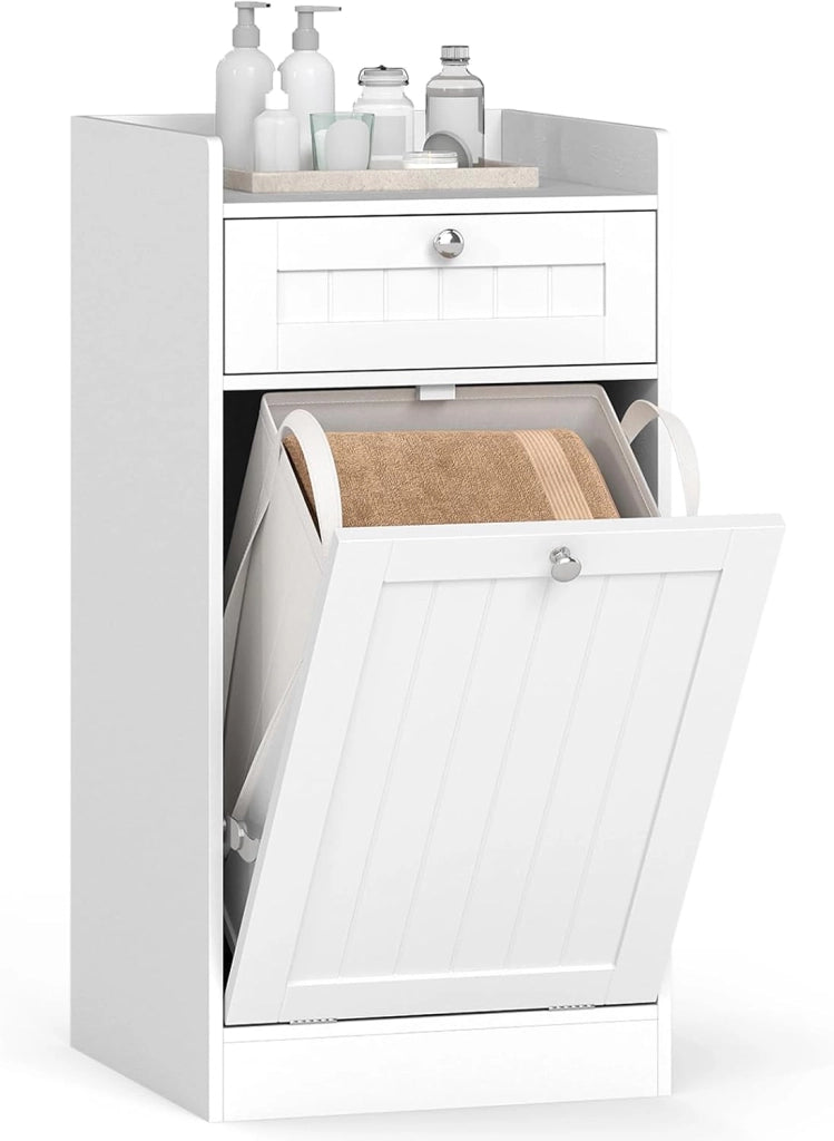Mobiletto per Biancheria con 2 Cesti Ribaltabili, Mobile da Bagno Indipendente con Ripiano, 2 Cassetti e 2 Sacchi Porta Biancheria Rimovibili, Armadietto in Legno per Bucato (79 x 40 x 80 cm)