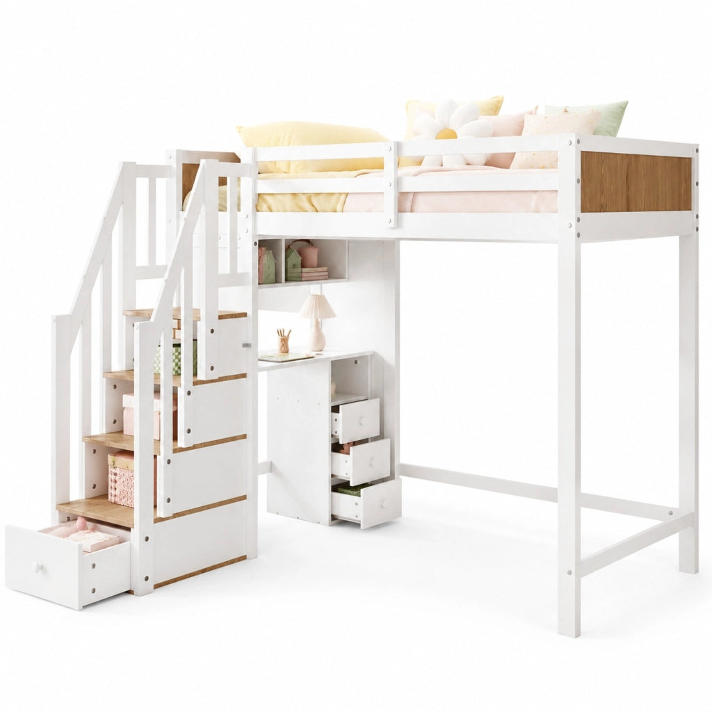 Letto a castello per bambini 90x200 cm con scrivania; scala contenitore e 3 cassetti; bianco/naturale