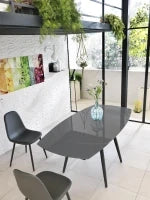 E-STYLO Tavolo allungabile con top grigio in vetro temperato e gambe in metallo grigio, 90cm X 120/180cm H. 76cm.