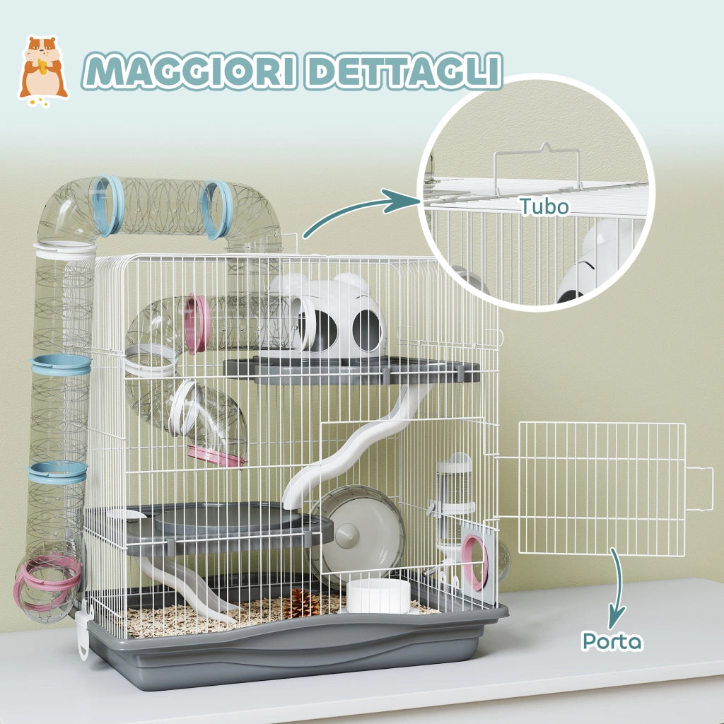 Gabbia per Criceti a 3 Livelli 45x30x45 cm e 14 Tubi con Casetta Rampa e Accessori in Metallo e Plastica Grigio