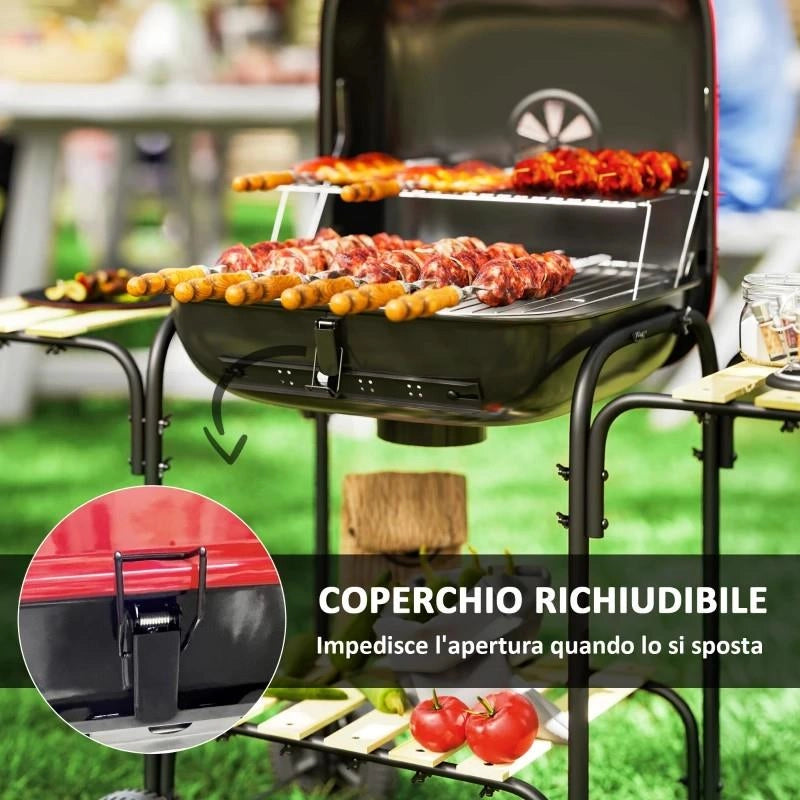 BARBECUE A CARBONE CON 3 RIPIANI E RUOTE, COPERCHIO CON PRESA D'ARIA REGOLABILE, ROSSO