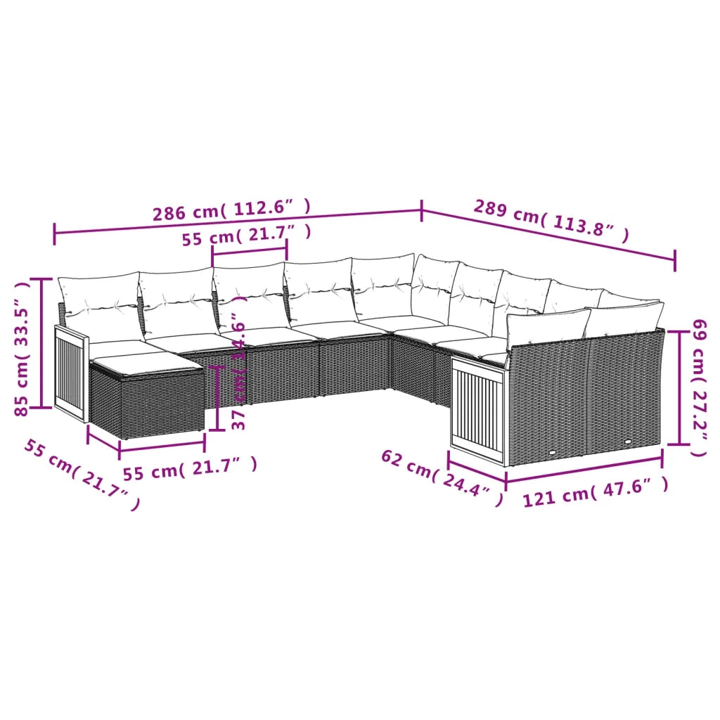 Set Divani da Giardino 11 pz con Cuscini in Polyrattan Nero