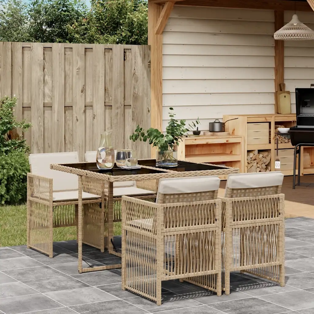 Set da Pranzo da Giardino 5 pz | Set Salotto da Giardino con Cuscini Beige in Polyrattan
