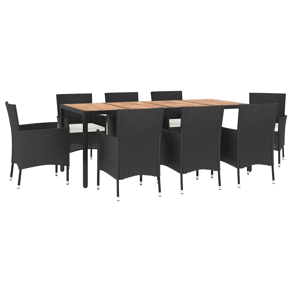 Set da Pranzo da Giardino 9 pz con Cuscini Nero in Polyrattan