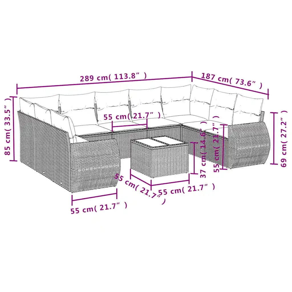 Set Divani da Giardino 10 pz con Cuscini Nero in Polyrattan 3221806