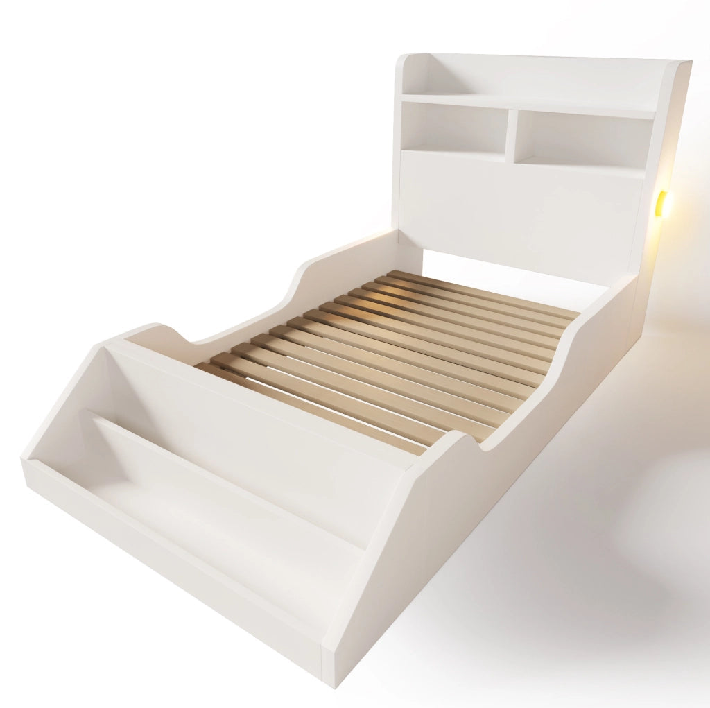 Letto singolo 90x200 cm in legno bianco con mensola; luci notturne e libreria rimovibile
