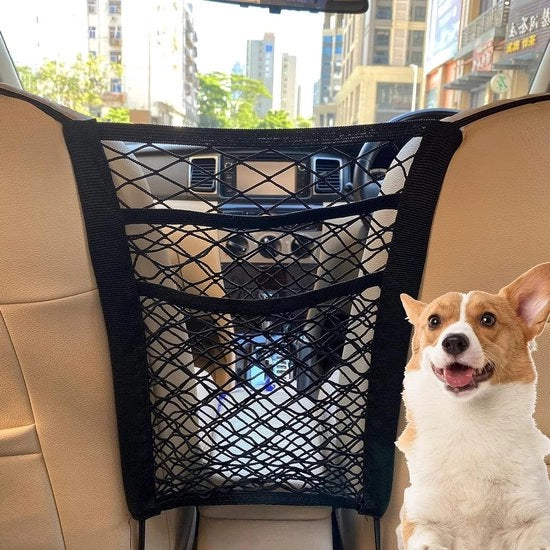 Tre strati di rete di sicurezza per auto con 2 tasche - rete di sicurezza per auto trasportabile - barriera di rete fissabile e regolabile - rete per auto per cani o bambini - 2 pezzi