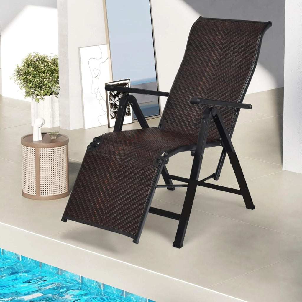 Sdraio da Giardino, Sdraio Pieghevole In Rattan PE Con Schienale E Molle Regolabili, Struttura In Metallo Resistente, Ideale Per Patio, Piscina E Balcone, Marrone