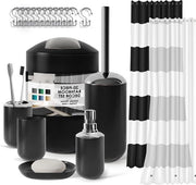 Set di accessori da bagno in plastica 9 pezzi - set di tenda doccia con fodera - 12 ganci - dispensatore di sapone e piatto - portabocca e becher per spazzola da denti - spazzola per il water e portaspazzola - cestino della spazzatura (nero)