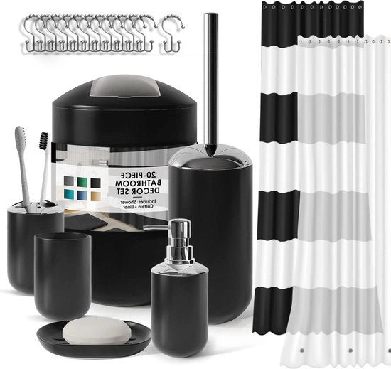 Set di accessori da bagno in plastica 9 pezzi - set di tenda doccia con fodera - 12 ganci - dispensatore di sapone e piatto - portabocca e becher per spazzola da denti - spazzola per il water e portaspazzola - cestino della spazzatura (nero)