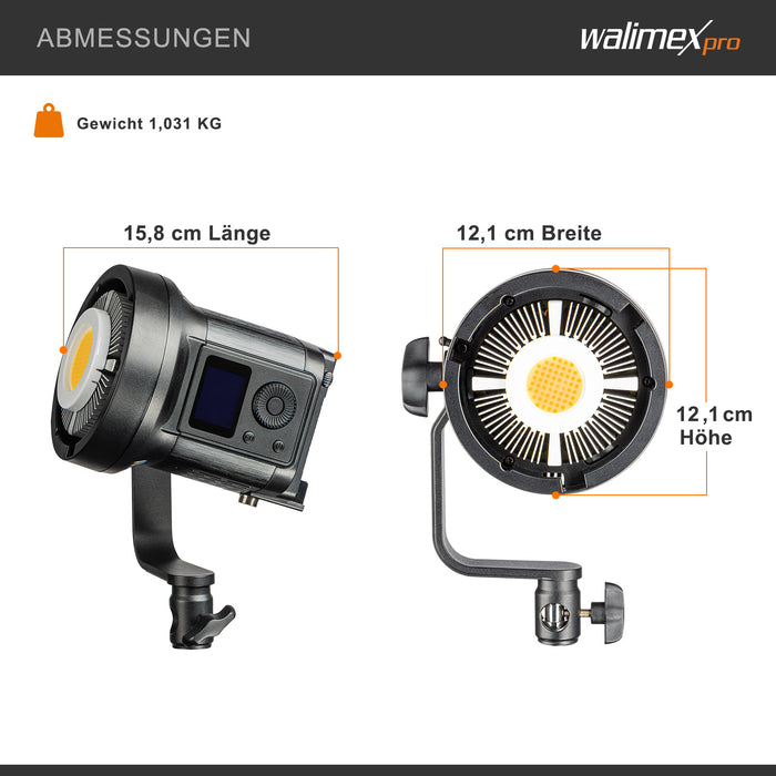 LED Niova Compact 120 W luce video bicolore, luce video con attacco Bowens, luce da studio con tecnologia COB LED, luminosità regolabile dal 10 al 100%.