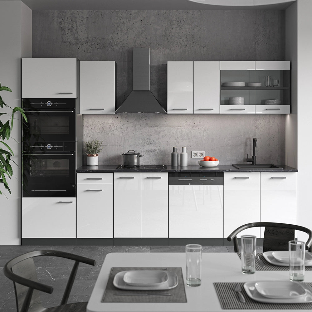 Vicco Cucina componibile Bianco lucido/antracite 300 cm con armadio alto, PL Marmo