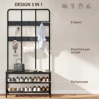 Appendiabiti da Ingresso 3 in 1 con 6 Ganci e Panca con Scarpiera, 91x36x180 cm, Nero