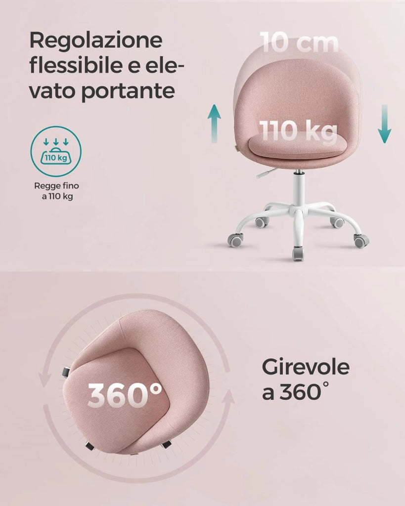 SONGMICS Sedia da Studio, Sedia Girevole di Cotone-lino, Poltrona da Scrivania Imbottita in Gommapiuma Regolabile in Altezza, Studio, Camera da Letto, Rosa Gelatina OBG020P01