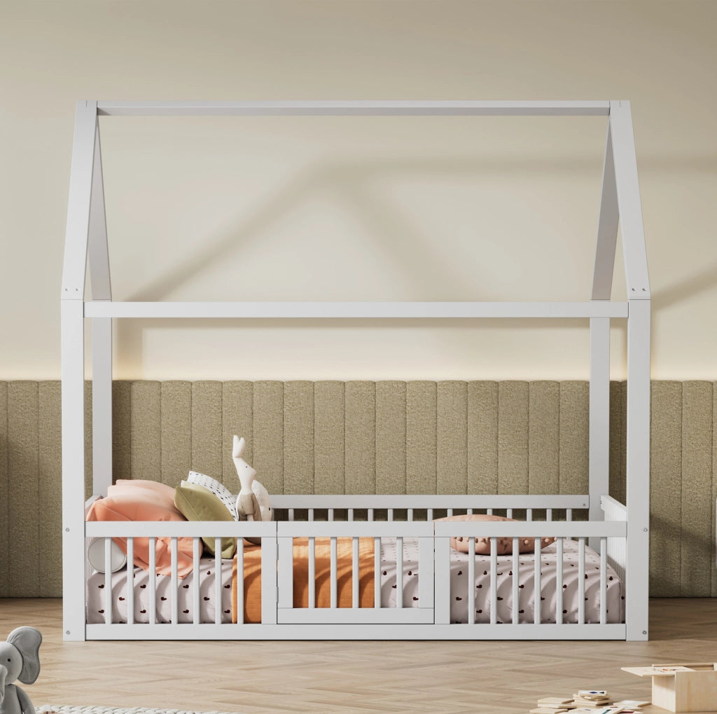 Letto a casetta 140x200 cm con sbarre di sicurezza; legno; bianco