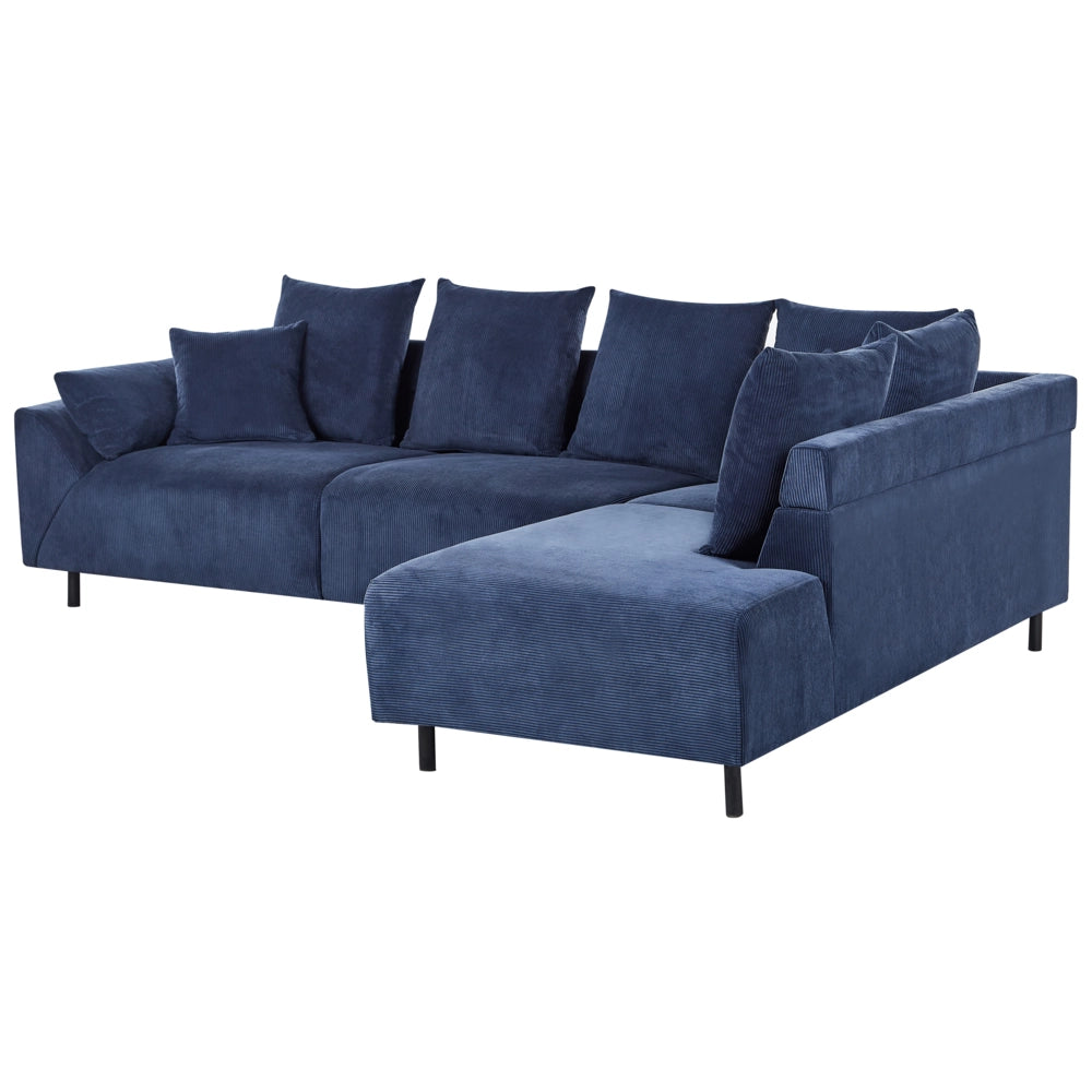 Divano ad angolo in velluto a coste blu e gambe in metallo design retrò stile moderno