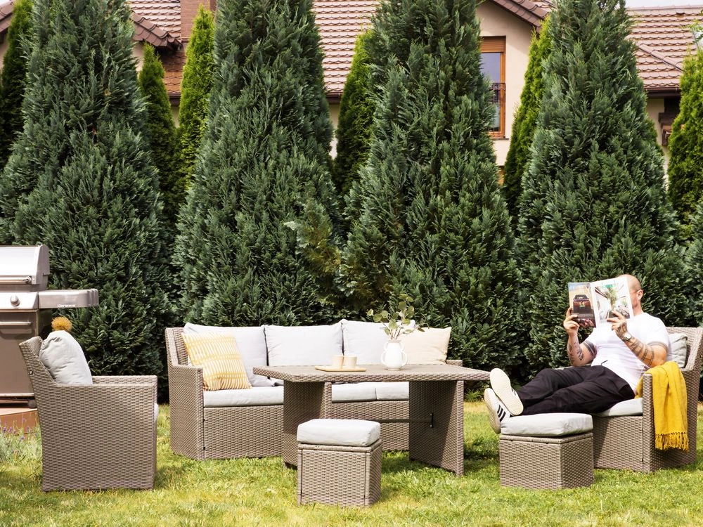 Set Divani Da Giardino Grigio Rattan Sintetico Cuscini Taupe Divano 5 Posti Tavolo Rettangolare 2 Poltrone 2 Pouf Set Da Pranzo All'aperto