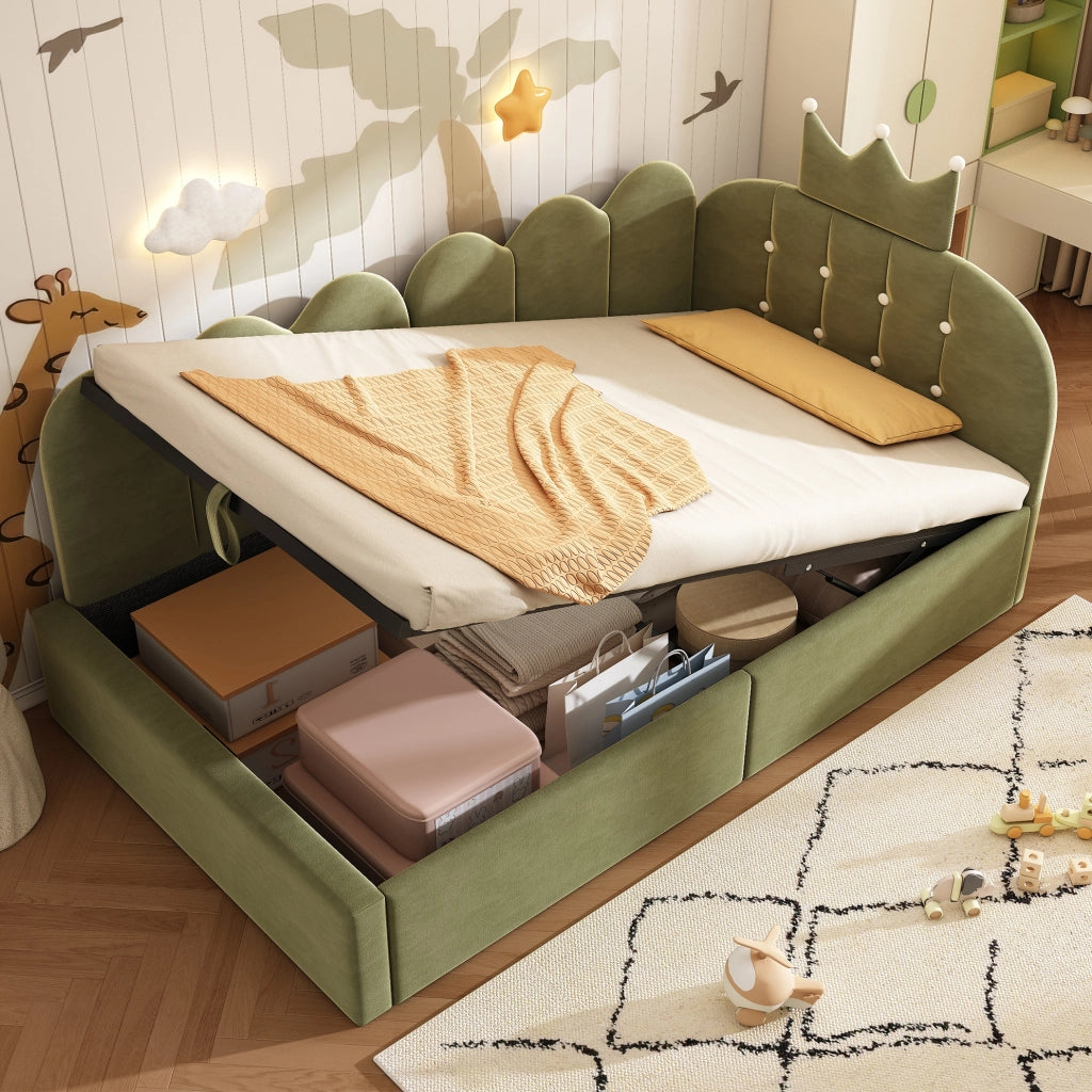 Letto daybed verde 90x200 cm in velluto con contenitore idraulico