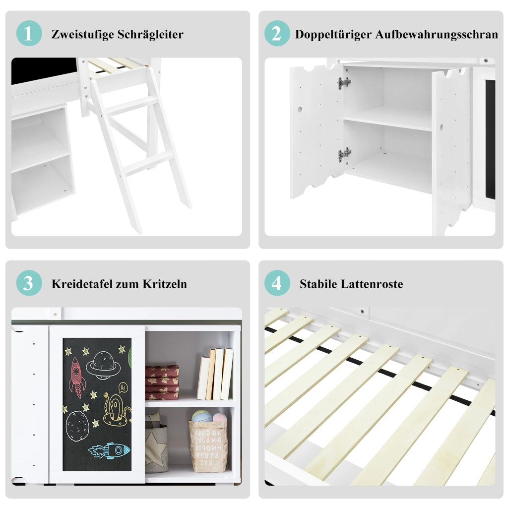 Hochbett bianco con armadi a doppia anta e lavagna integrata in abete MDF compensato 90x200 cm