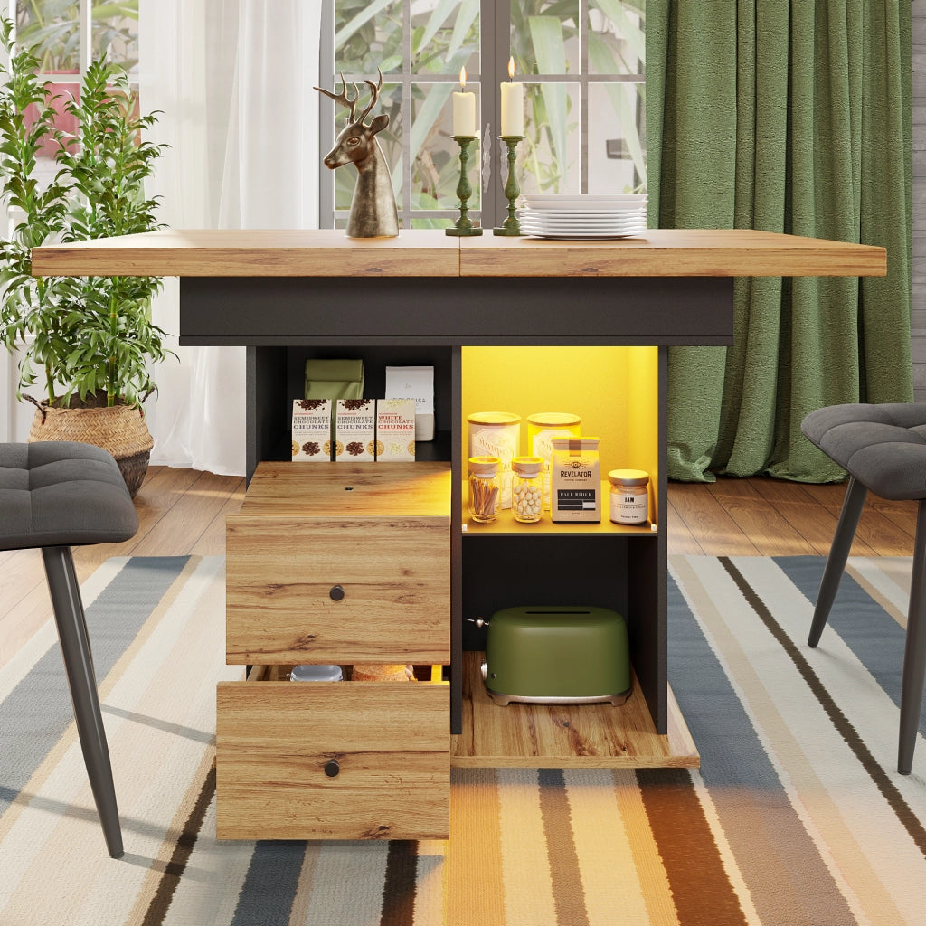 Tavolo allungabile 110-140x80x75 cm con LED e USB; 2 cassetti; MDF nero e naturale