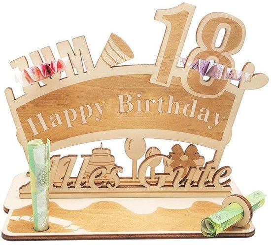Carta di auguri personalizzata in legno per il 18° compleanno - Regalo di denaro - Decorazione - Idee regalo - Facile da montare - 24 x 17,8 x 12,7 cm - Carta di auguri per compleanni