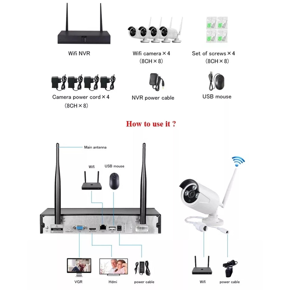 Trade Shop - Kit Dvr Wireless Wifi 8 Canali Sistema Registrazione Cctv Hd 8 Telecamere Q-s8i -