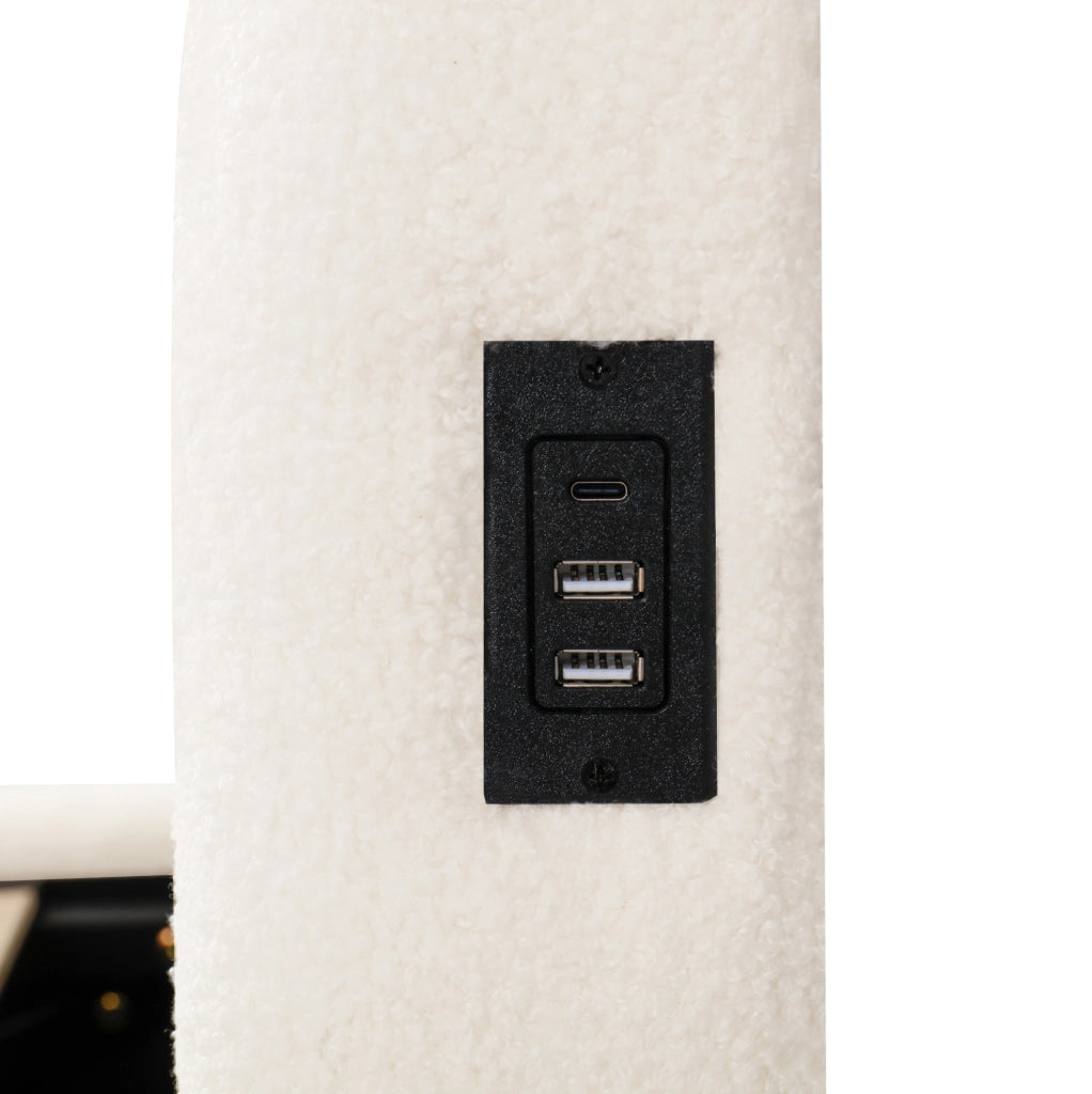 Letto imbottito singolo 90x200 cm con contenitore idraulico; rete a doghe e USB Type-C bouclé beige
