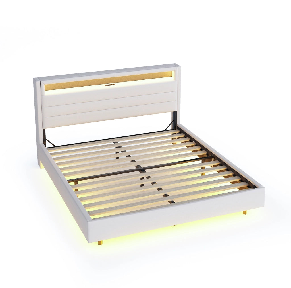 Letto matrimoniale imbottito ULEVR 160x200 cm con testiera girevole, USB e LED multicolore, beige