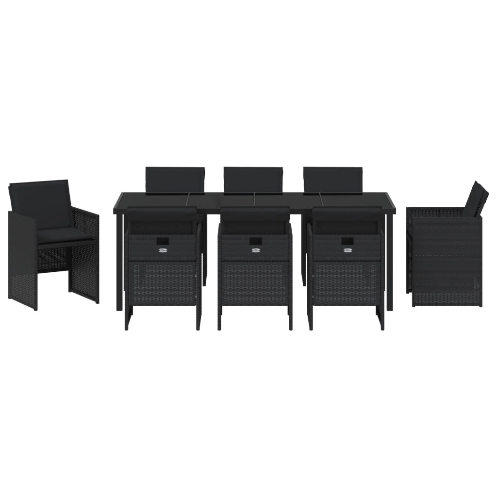 Set da Pranzo da Giardino 9 Pezzi con Cuscini - Rattan Poliestere Nero