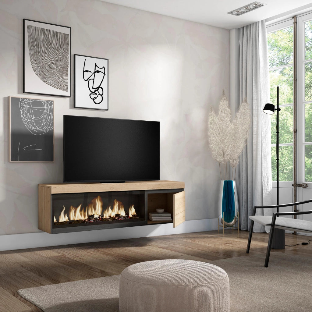 Mobile TV Soggiorno, 158x35x45cm, Per TV fino a 65", Camino elettrico XXL, da appendere, colore Rovere RF3253