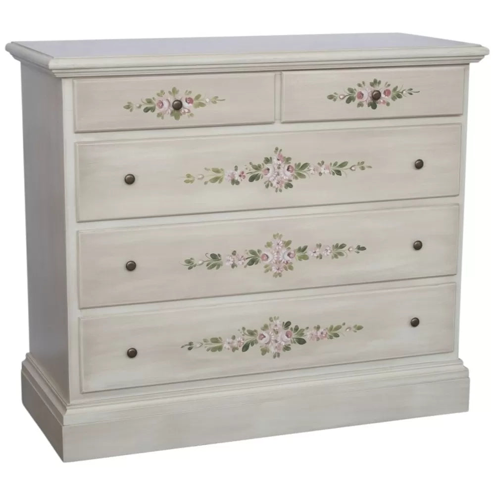 Cassettiera 5 cassetti legno shabby bianco anticato decori 117x51x101 - Mobili 2G