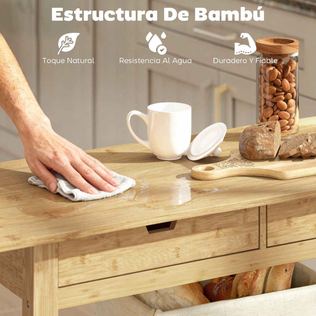 Tavolino Carrito con 2 Cassetti e 2 Ripiani ¨C Zephmum ¨C Bamb¨´ Naturale 100x43x75 cm