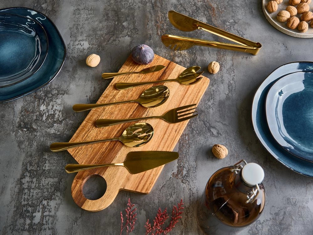 Set di posate 7 pezzi Coltello da burro Forchetta da pesce Forchetta da insalata Paletta da torta Pinze da cucina Cucchiaio da verdure Acciaio inossidabile oro