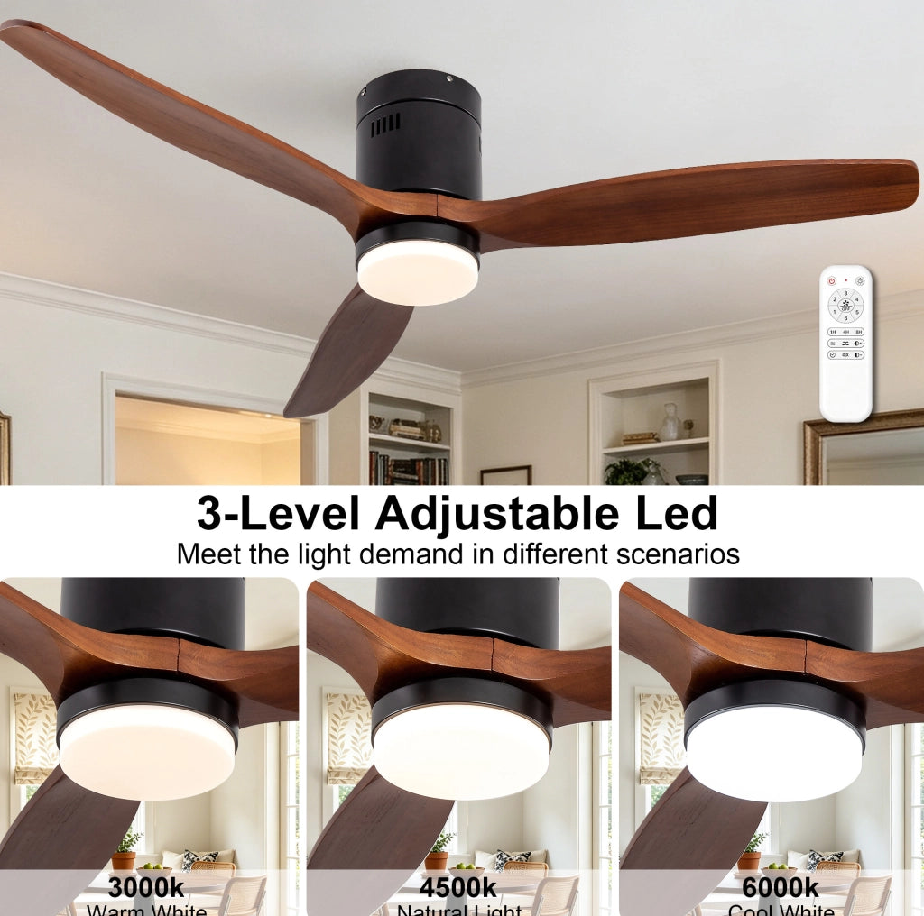 Ventilatore da soffitto 52" a 3 pale in legno massello con LED dimmerabile; nero e noce scuro