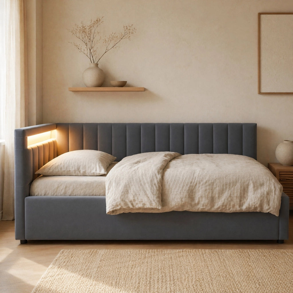 Letto singolo imbottito 90x200 cm con contenitore idraulico e LED in velluto grigio
