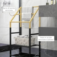 Portasciugamani a Terra con 3 Barre e Ripiano Inferiore, in Bambù e Acciaio, 51x31x85.5 cm, Nero e color Legno