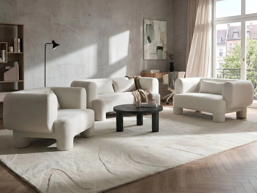 Set da salotto Divano a 3 posti in tessuto bianco morbido e sinuoso Poltrona Loveseat Stile retrò minimalista