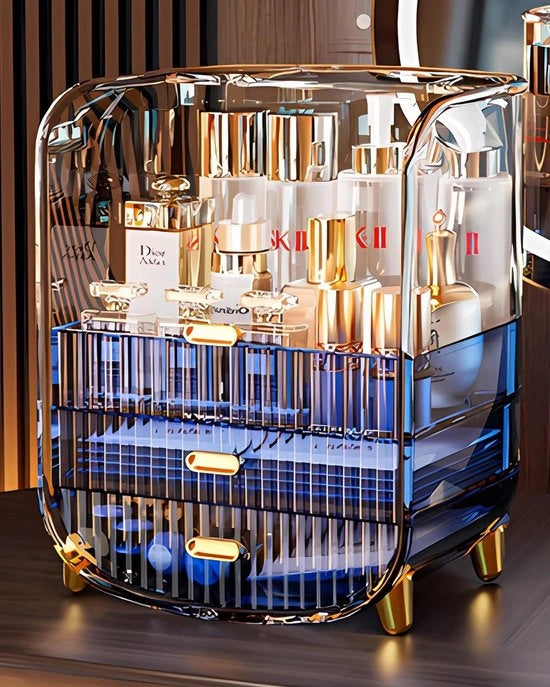 Display per Captafel con Cassetta, Grande Capacità Organizzatore per Prodotti di Cura della Pelle, Matite, Pennelli e Accessori - Blu