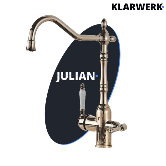 Julián | Estera filtro brillante dorado vintage de 3 vías | Grifo  Osmosis Acero Inoxidable Catering Cocina | monomando Retro filtro 360° 3 conexiones