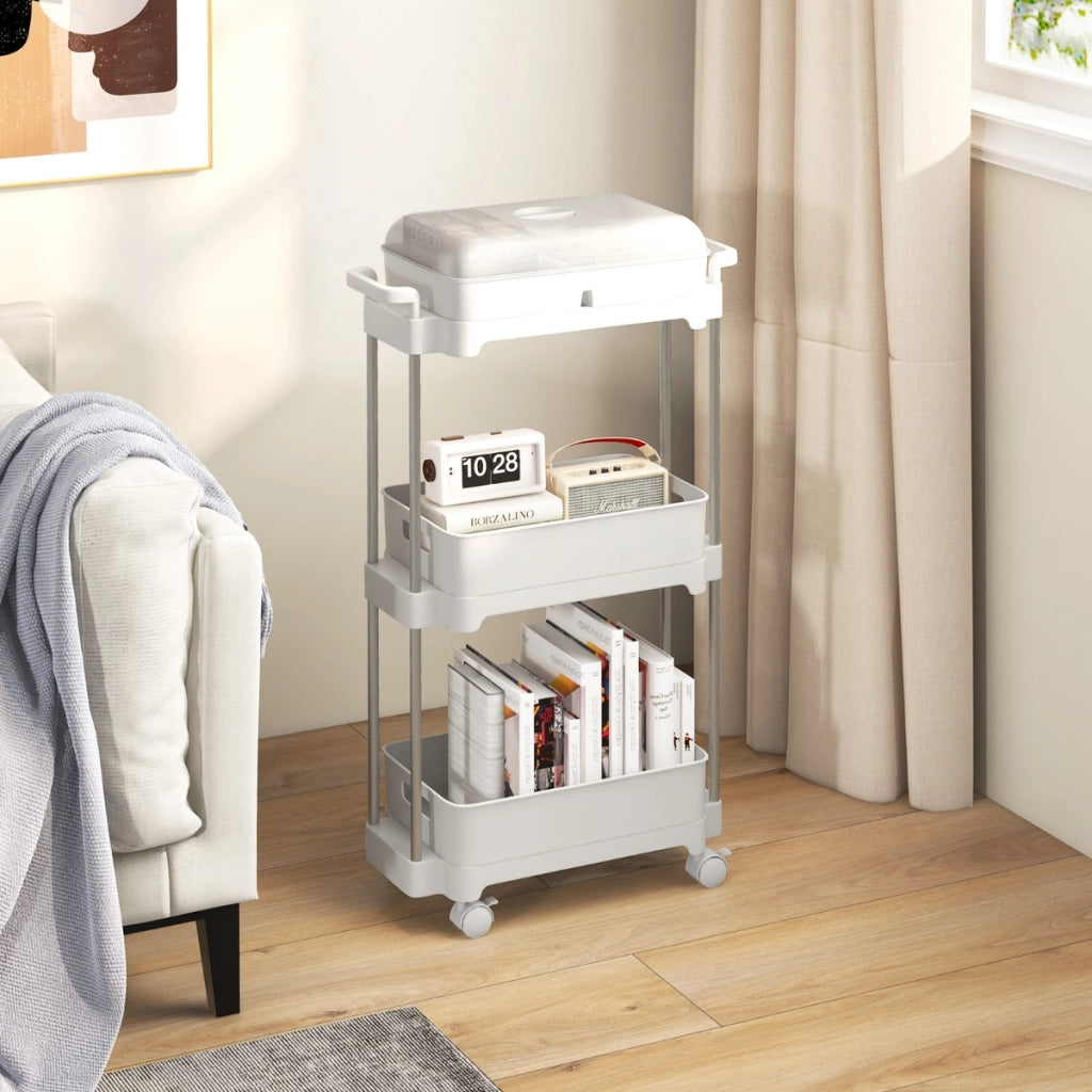 Carrello utilitario a 3 livelli con ruote bloccabili, Carrello di stoccaggio con coperchio e scaffali rimovibili Bianco-Carrelli