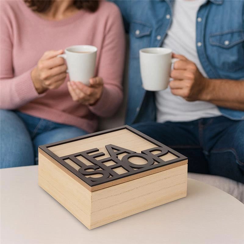 CONTENITORE PORTA TISANE, TÈ - SCATOLA IN LEGNO STILE ELEGANTE, LEGNO NATURALE, "TEA SHOP" 18 X 18 X 7H CM