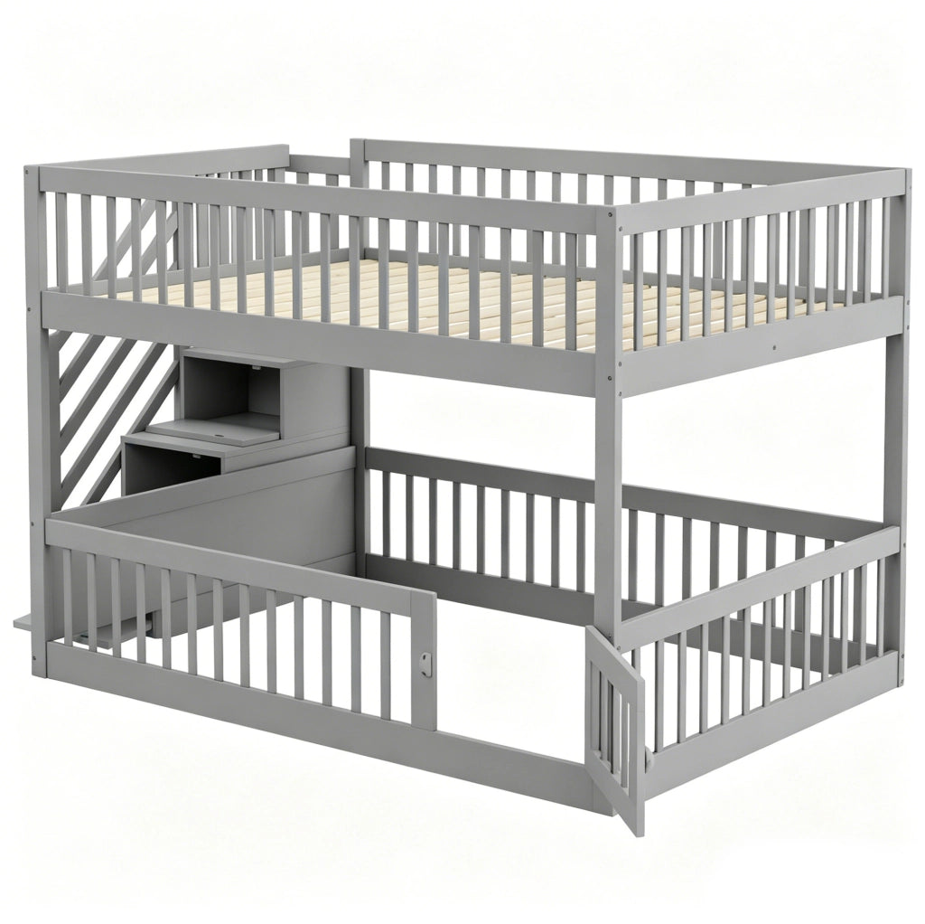 Letto a castello 140x200 cm con scala contenitore e letto inferiore apribile in legno grigio
