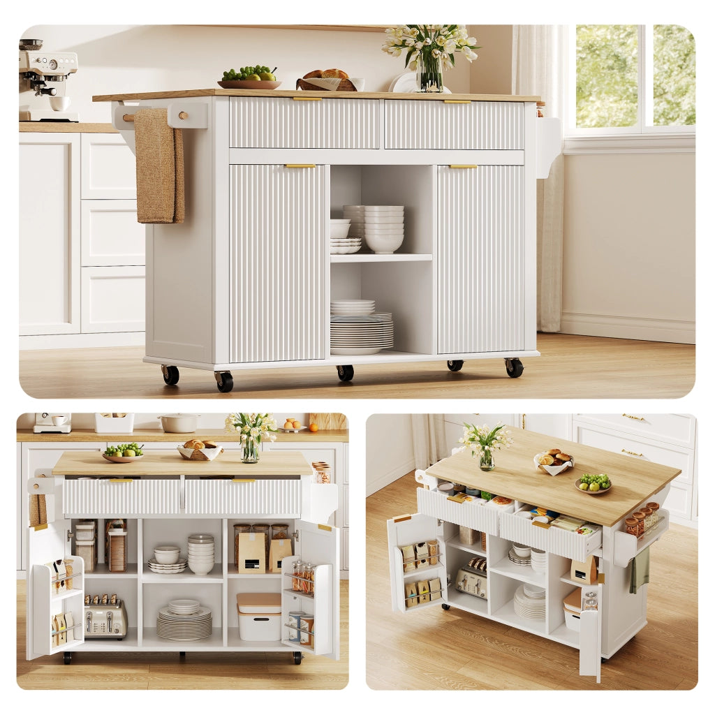 Isola cucina con 2 cassetti; 2 ante; vani aperti e piano ribaltabile su ruote per cucina e sala da pranzo; 143×45×89.5 cm