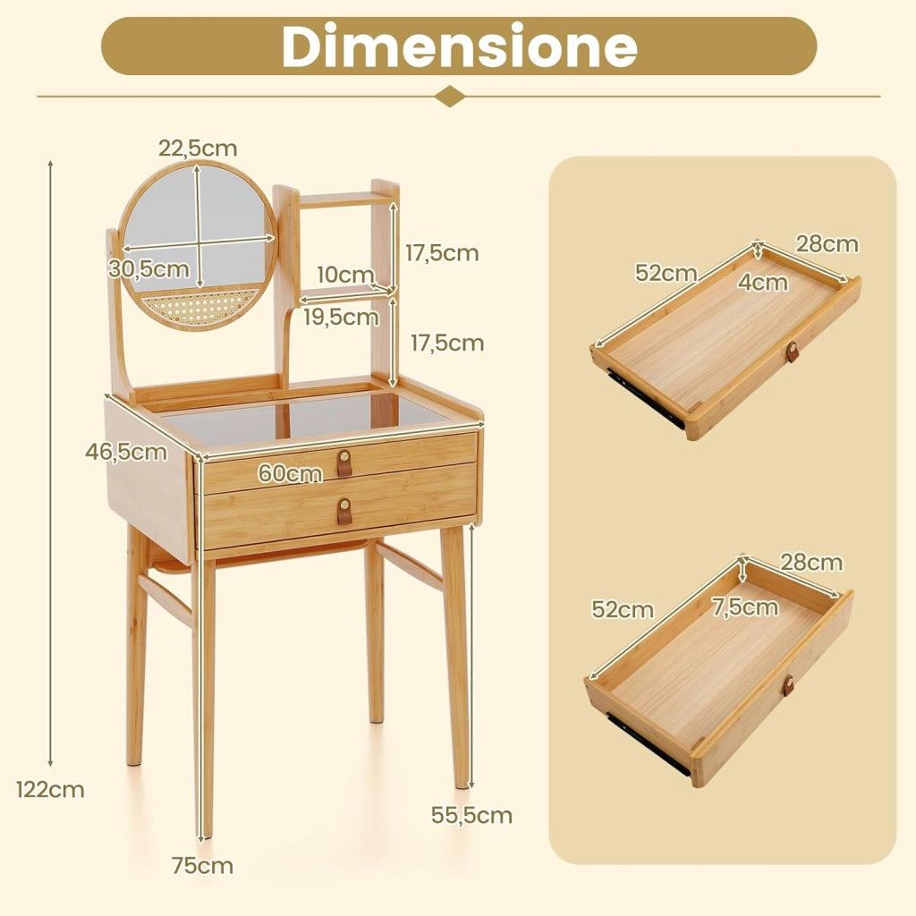 Toeletta da Trucco con Specchio Girevole, Tavolo da Toeletta con 2 Cassetti, Ripiani Aperto, Piano in Vetro, Consolle Trucco in Bambù per Camera da Letto, Soggiorno (1, Senza Sgabello)