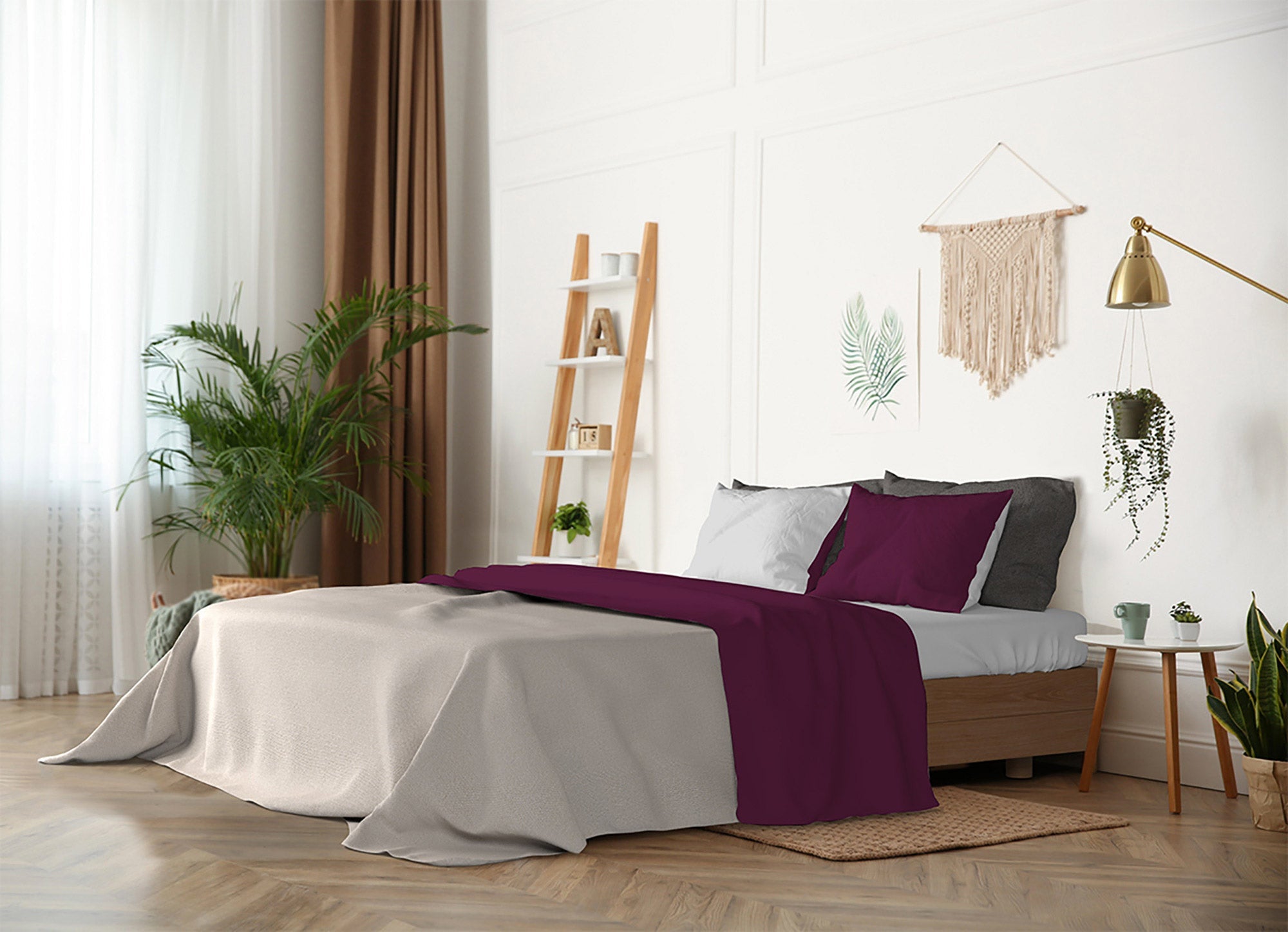 Set Lenzuola Singolo Sopra Sotto e Federe Doubleface Prugna/Grigio Chiaro