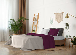 Set Lenzuola Singolo Sopra Sotto e Federe Doubleface Prugna/Grigio Chiaro