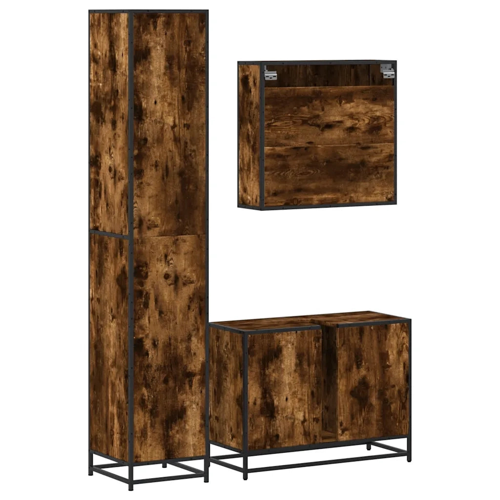 Set Mobili da Bagno 3 pz Rovere Fumo in Legno Multistrato