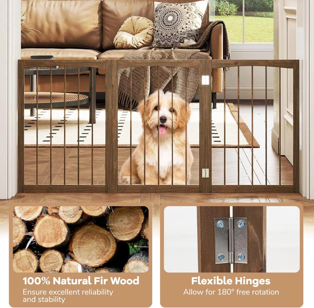 Cancelletto per Cani Pieghevoli 159 x 76 cm, Barriera per Cani in Legno a 3 Pannelli, Recinzione per Scale, Ingressi e Corridoi (Marrone)