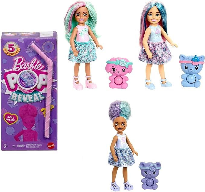 Barbie - Chelsea Pop Reveal Serie Dolcetti, mini bambola profumata con 5 sorprese, cucciolo interattivo ed effetto cambi
